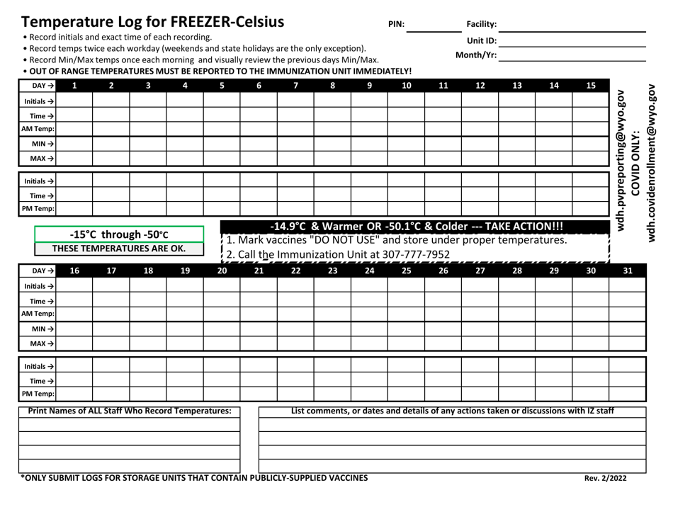 Temperature Log for Freezer - Celsius - Wyoming, Page 1