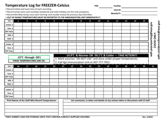Document preview: Temperature Log for Freezer - Celsius - Wyoming