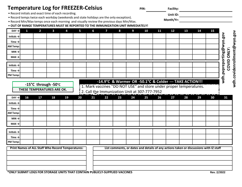 Document preview: Temperature Log for Freezer - Celsius - Wyoming