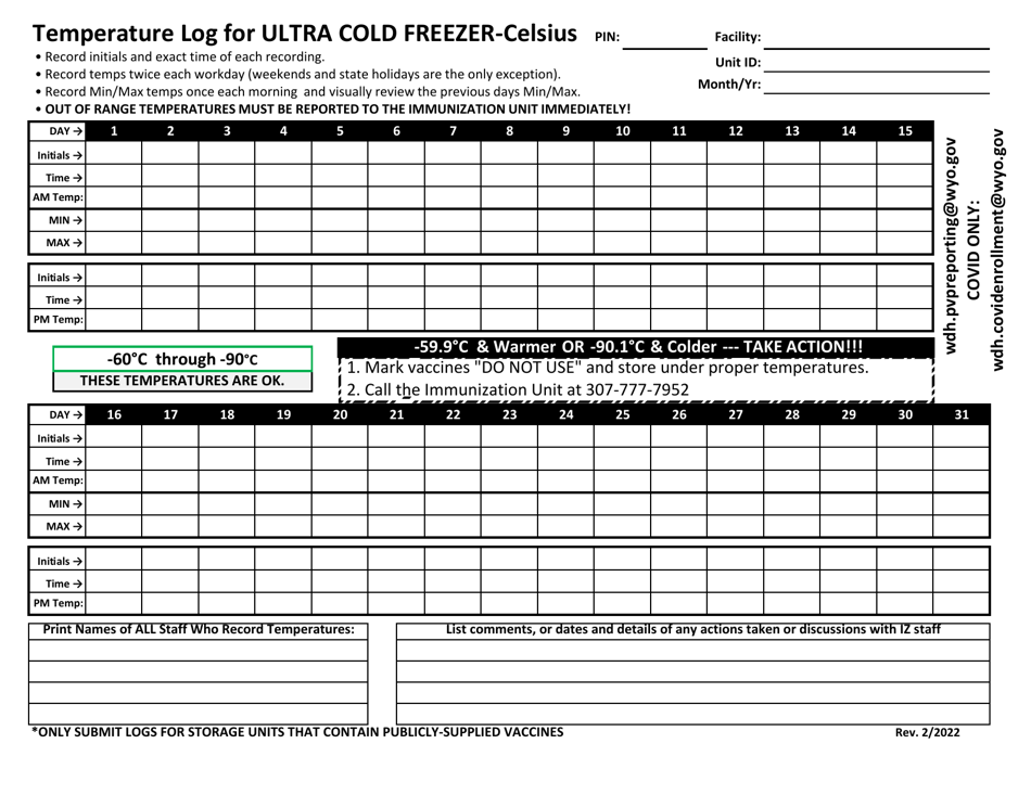 Temperature Log for Ultra Cold Freezer - Celsius - Wyoming, Page 1