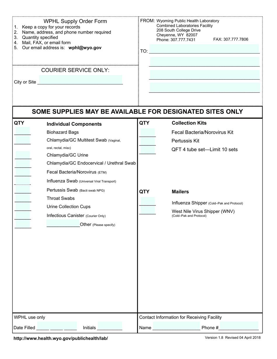 Wphl Supply Order Form - Wyoming, Page 1