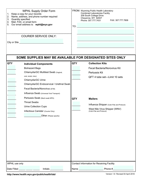 Wphl Supply Order Form - Wyoming Download Pdf