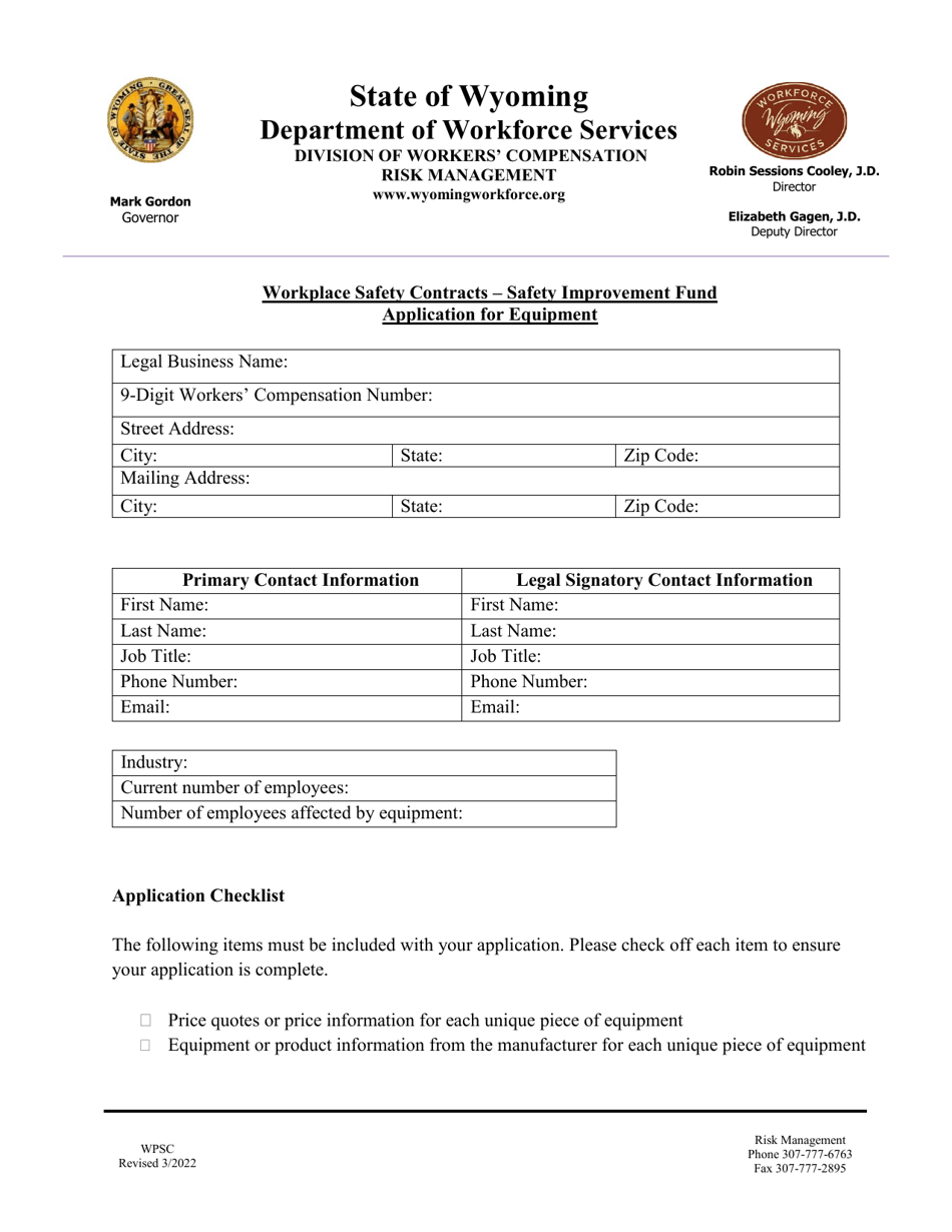 Application for Equipment - Workplace Safety Contracts - Safety Improvement Fund - Wyoming, Page 2