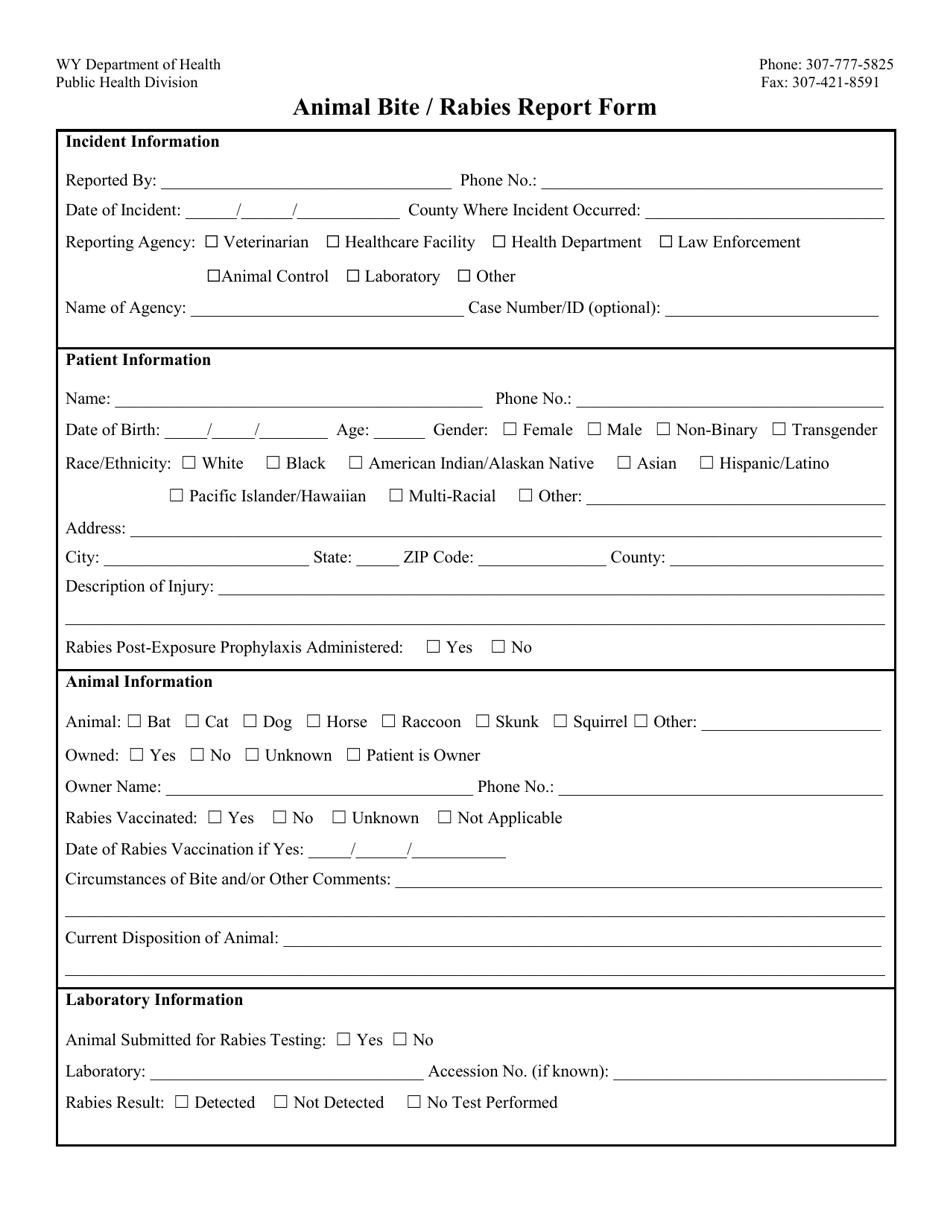 Animal Bite / Rabies Report Form - Wyoming, Page 1