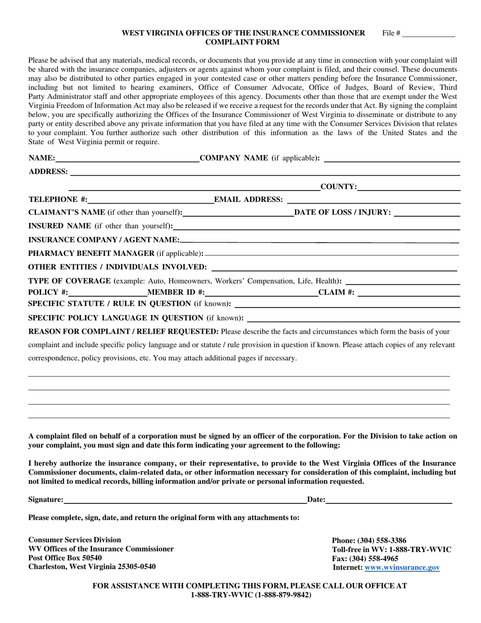 Consumer Complaint Form - West Virginia, Page 1