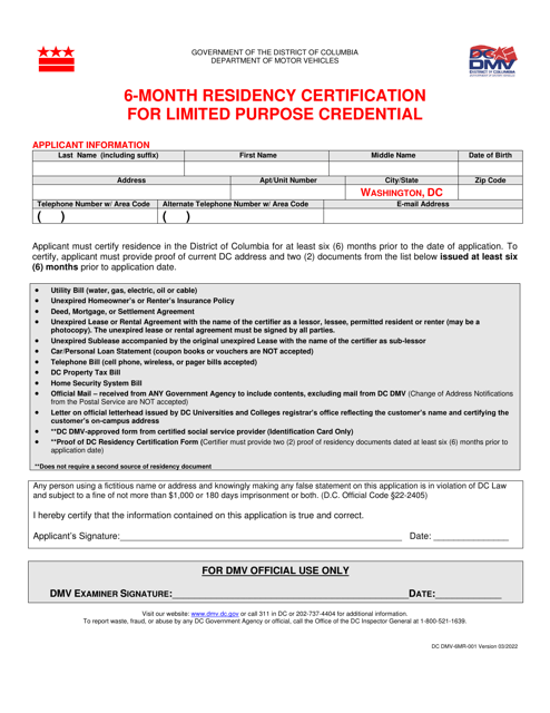 Form DC DMV-6MR-001 6-month Residency Certification for Limited Purpose Credential - Washington, D.C.