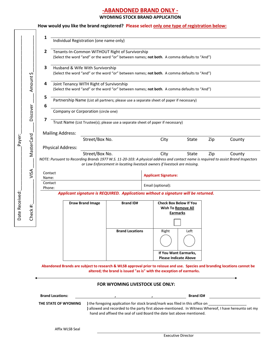 Wyoming Stock Brand Application - Abandoned Brand Only - Wyoming, Page 1