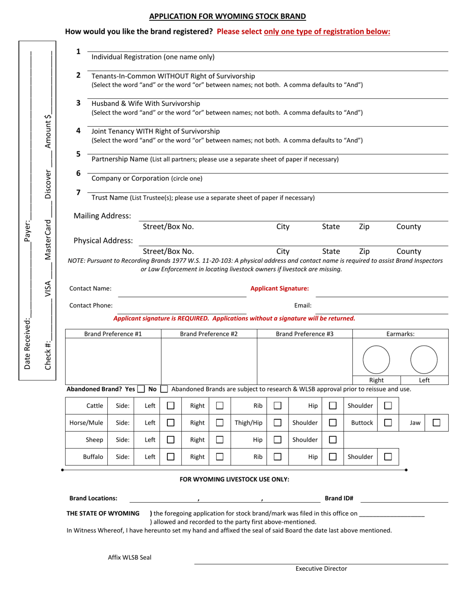 Application for Wyoming Stock Brand - Wyoming, Page 1