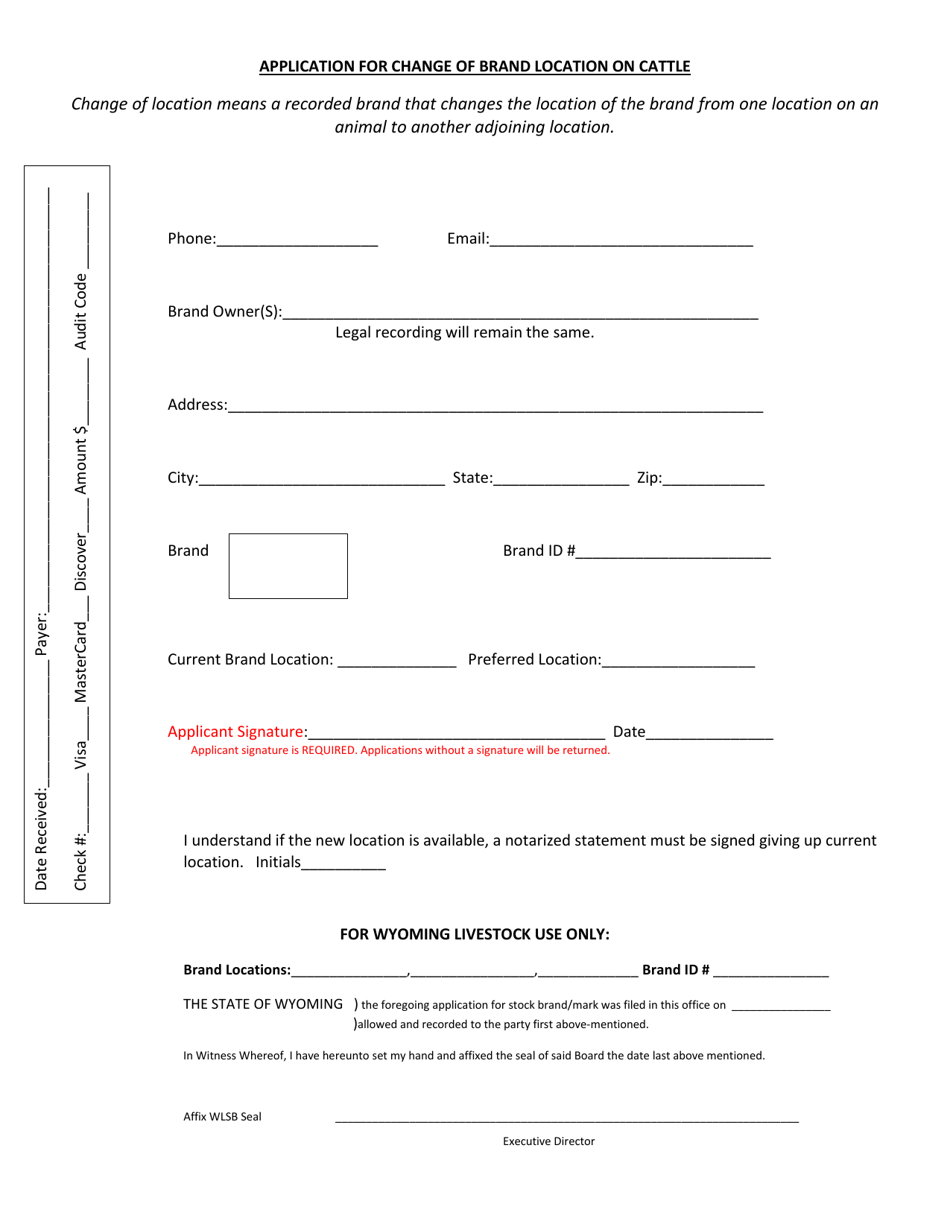 Application for Change of Brand Location on Cattle - Wyoming, Page 1