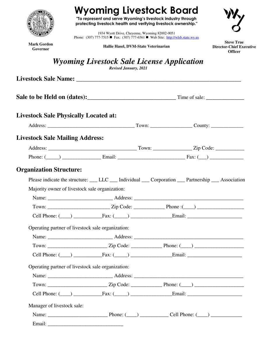Wyoming Livestock Sale License Application - Wyoming, Page 1