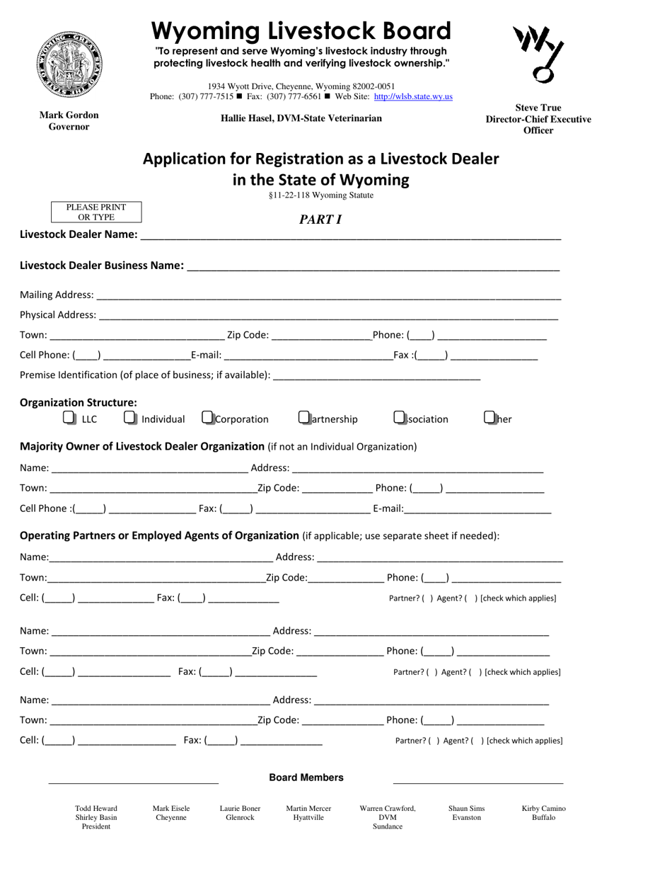 Application for Registration as a Livestock Dealer in the State of Wyoming - Wyoming, Page 1
