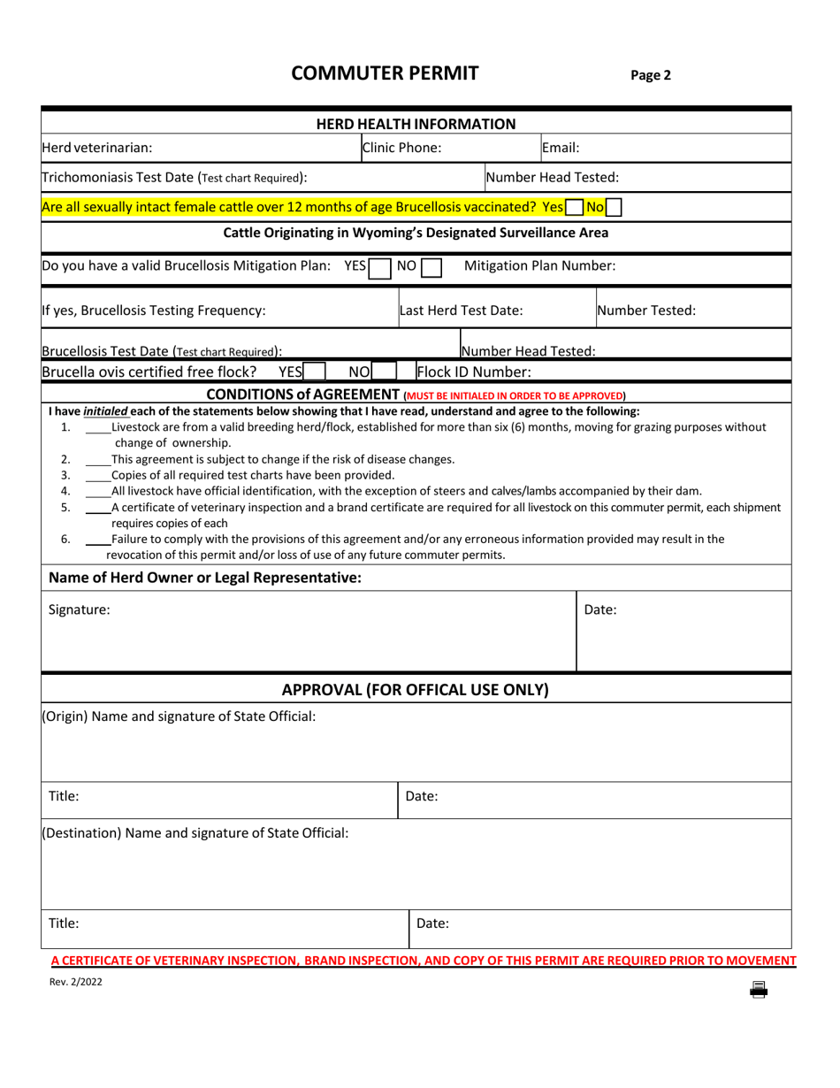 Interstate Livestock Animal Health Movement Commuter Permit - Wyoming, Page 2