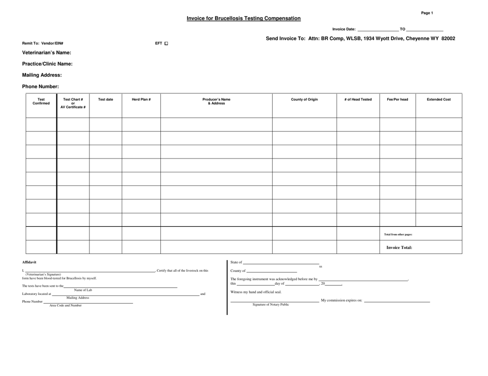 Wyoming Invoice for Brucellosis Testing Compensation - Fill Out, Sign ...