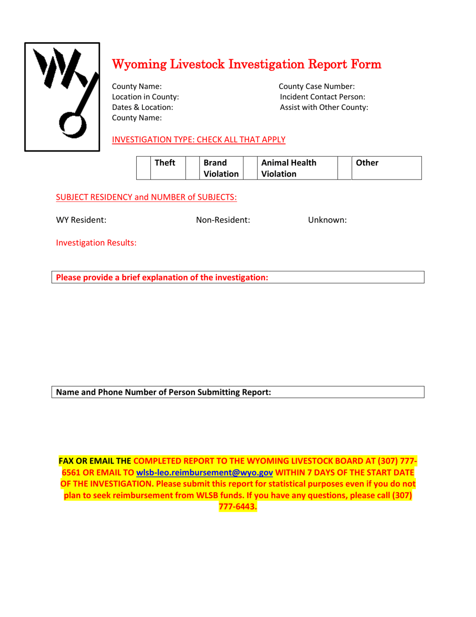 Wyoming Livestock Investigation Report Form - Wyoming, Page 1