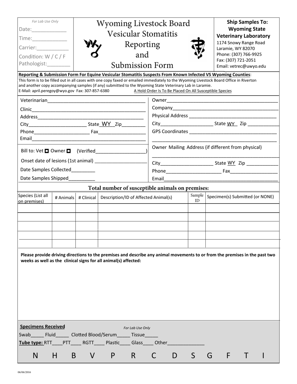 Vesicular Stomatitis Reporting and Submission Form - Wyoming, Page 1