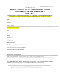 Document preview: Form 3 Wyoming Livestock Board Law Enforcement Account Loss/Damage Claim Form - Wyoming