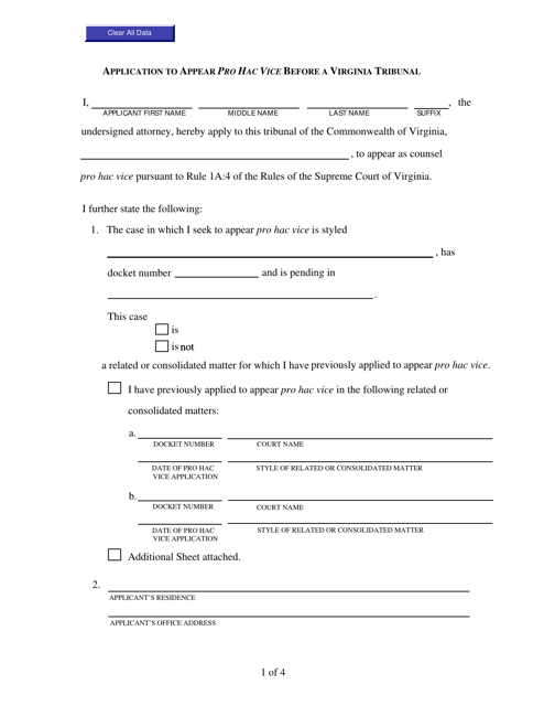 Application to Appear Pro Hac Vice Before a Virginia Tribunal - Virginia Download Pdf