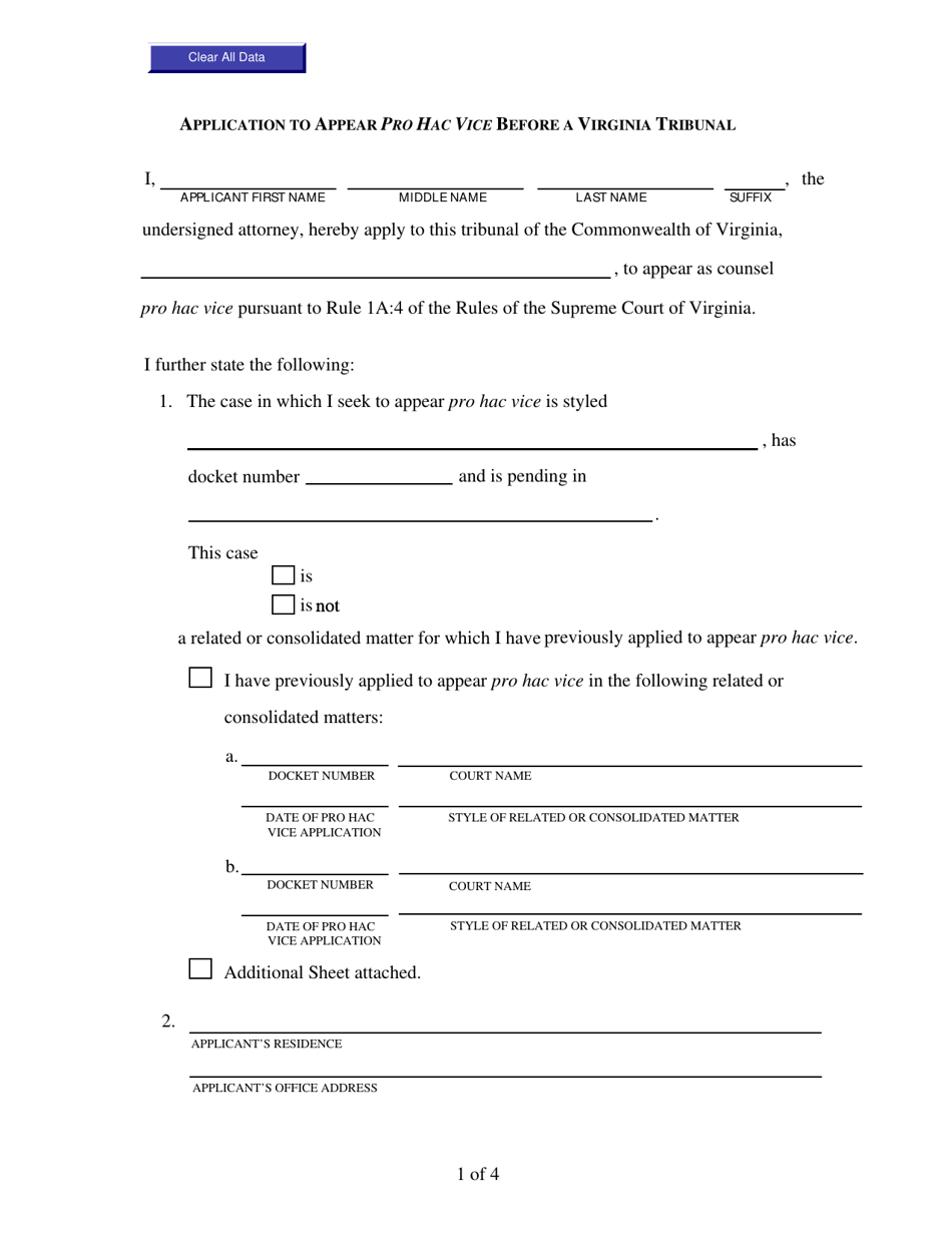 Application to Appear Pro Hac Vice Before a Virginia Tribunal - Virginia, Page 1