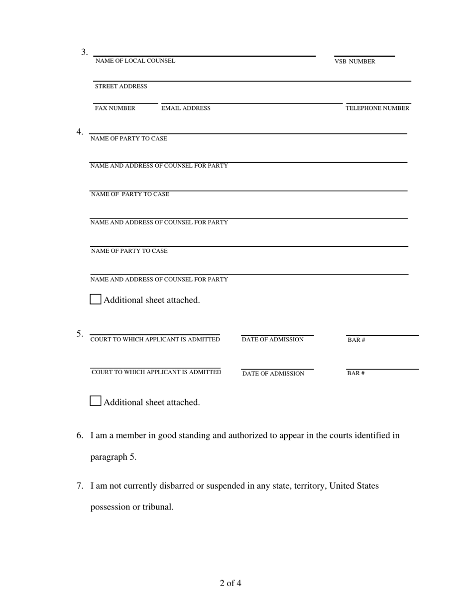 Virginia Application To Appear Pro Hac Vice Before A Virginia Tribunal 