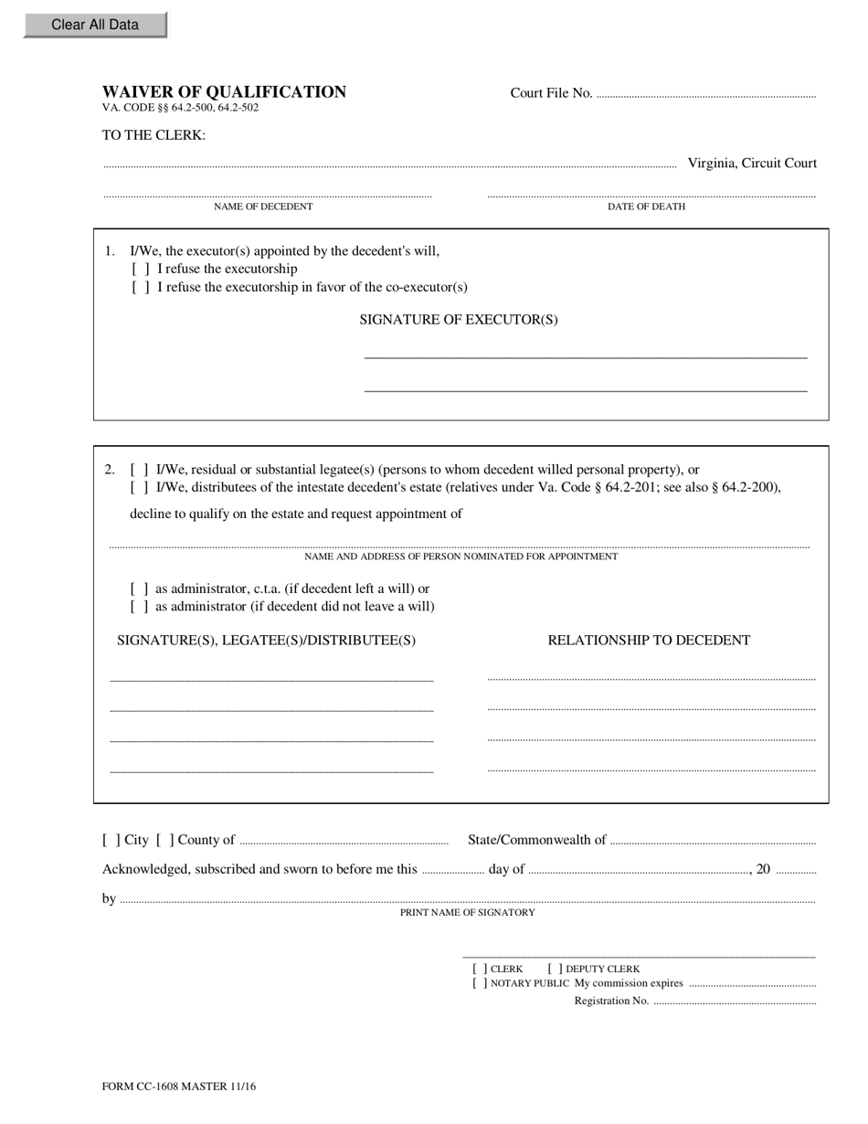Form CC-1608 Waiver of Qualification - Virginia, Page 1