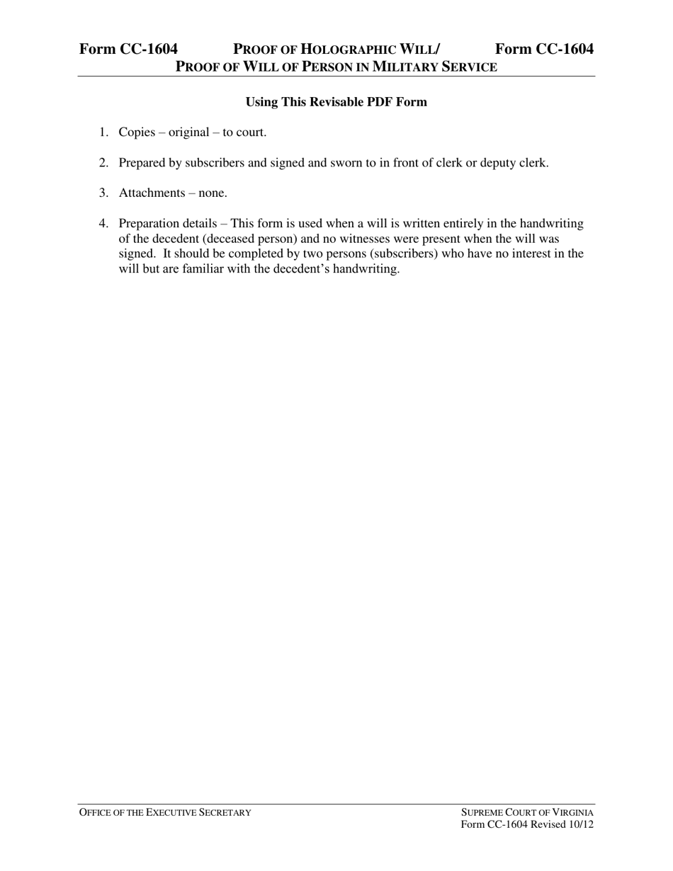 Download Instructions for Form CC1604 Proof of Holographic Will/Proof