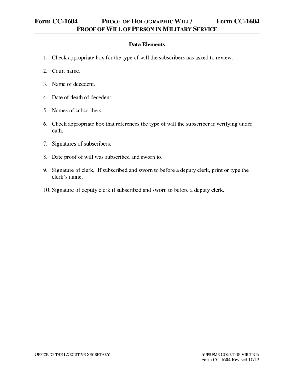 Instructions for Form CC-1604 Proof of Holographic Will / Proof of Will of Person in Military Service - Virginia, Page 3