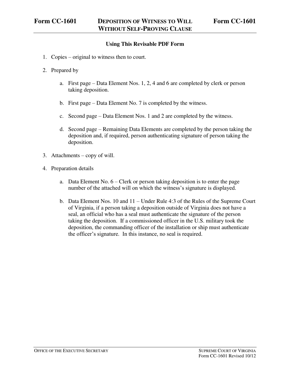 Instructions for Form CC-1601 Deposition of Witness to Will Without Self-proving Clause - Virginia, Page 1