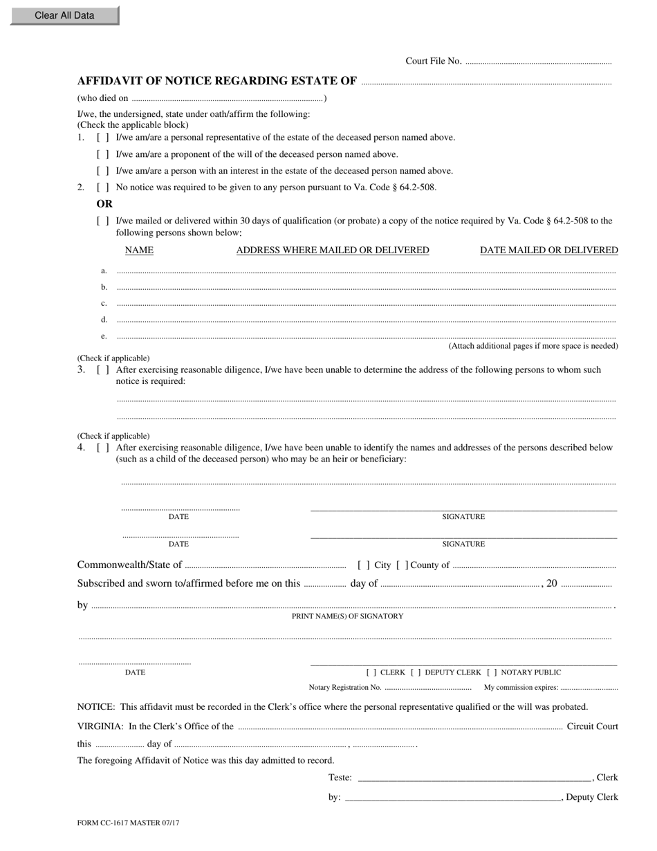 Form CC-1617 Affidavit of Notice Regarding Estate - Virginia, Page 1