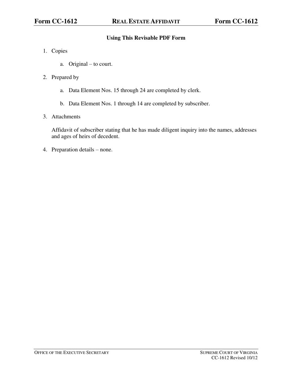 Instructions for Form CC-1612 Real Estate Affidavit - Virginia, Page 1