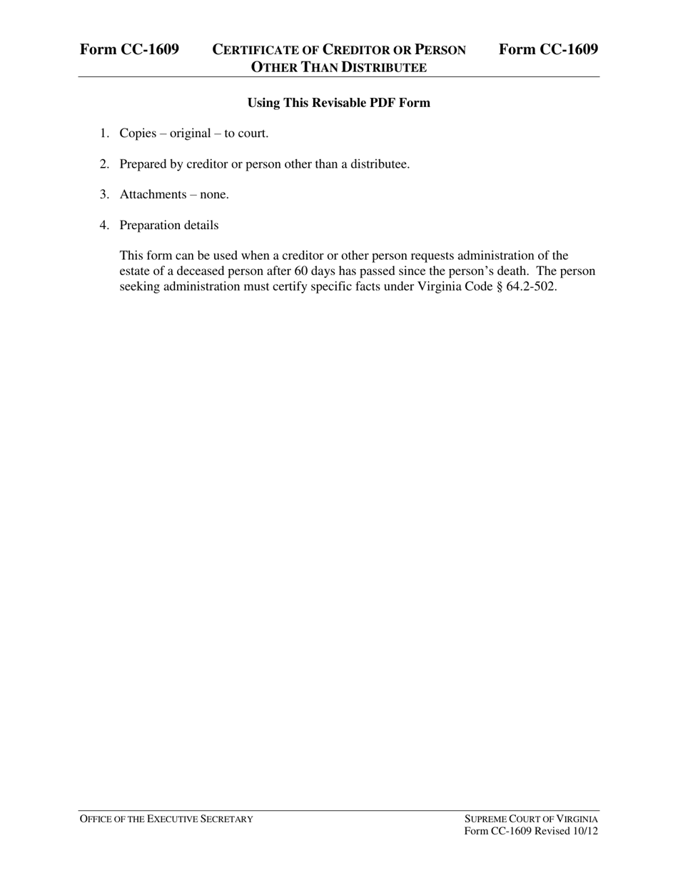 Instructions for Form CC-1609 Certificate of Creditor or Person Other Than a Distributee - Virginia, Page 1