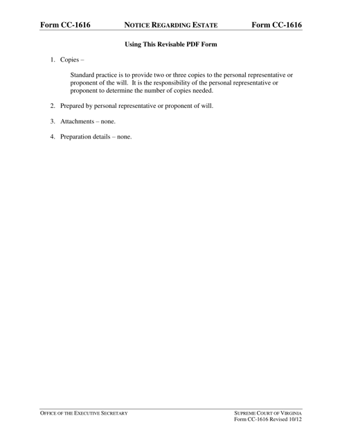 Instructions for Form CC-1616 Notice Regarding Estate - Virginia