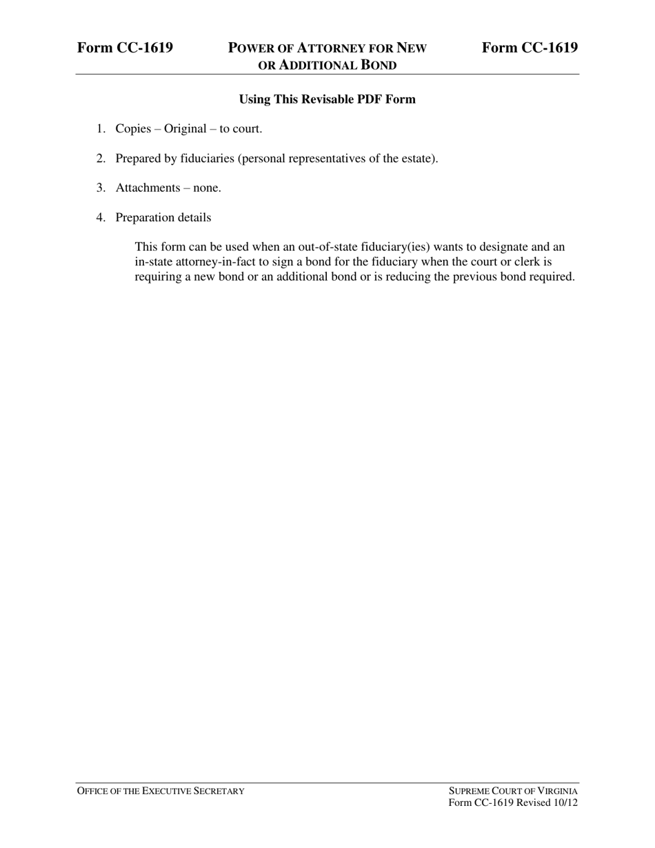 Instructions for Form CC-1619 Power of Attorney for New or Additional Bond - Virginia, Page 1