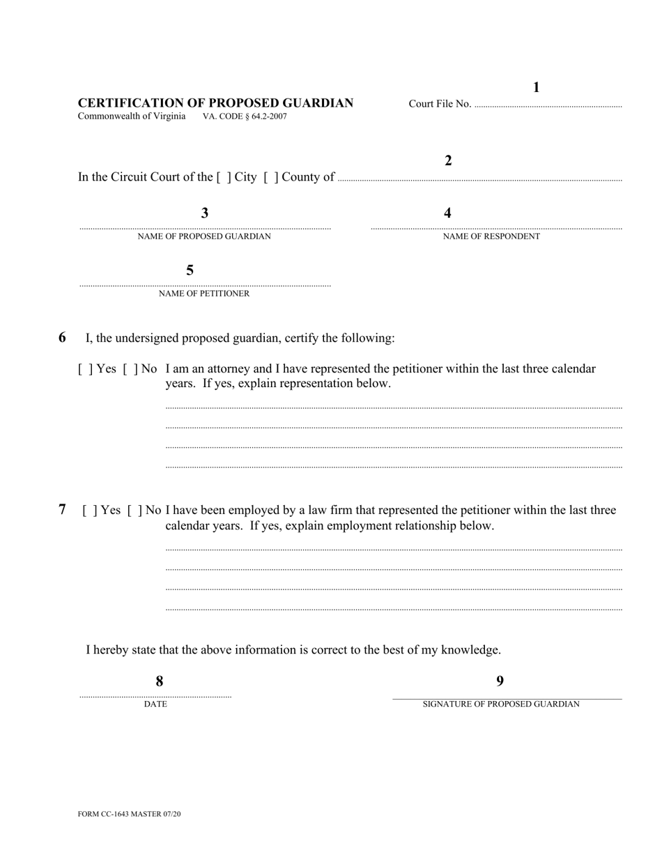 Instructions for Form CC-1643 Certification of Proposed Guardian - Virginia, Page 1