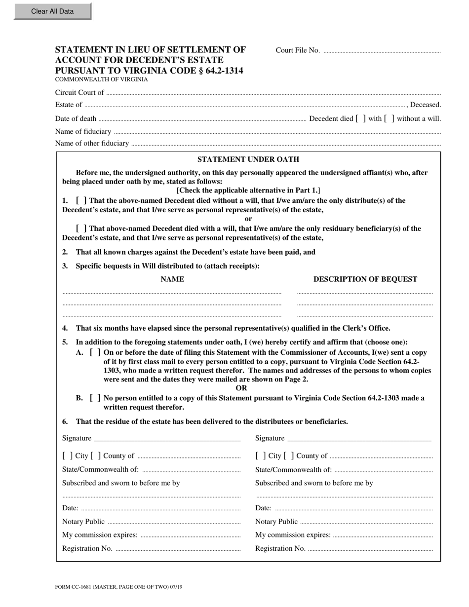 Form CC-1681 Statement in Lieu of Settlement of Account for Decedents Estate Pursuant to Virginia Code 64.2-1314 - Virginia, Page 1