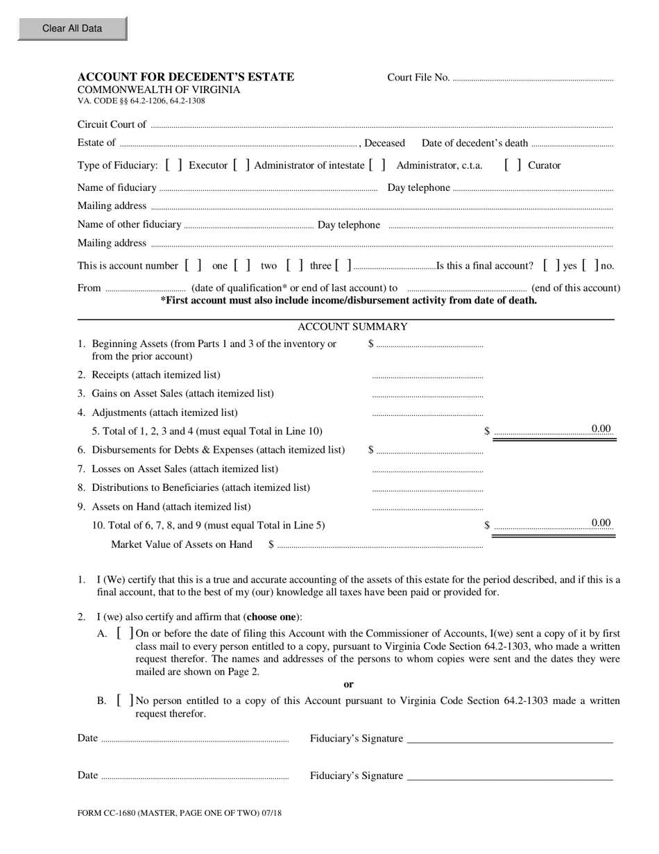 Form CC-1680 Account for Decedents Estate - Virginia, Page 1
