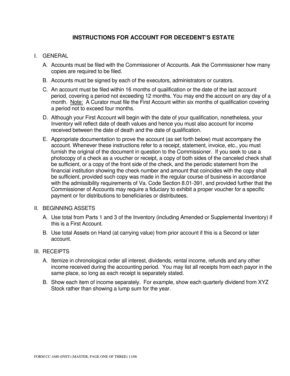 Download Instructions for Form CC1680 Account for Decedent's Estate
