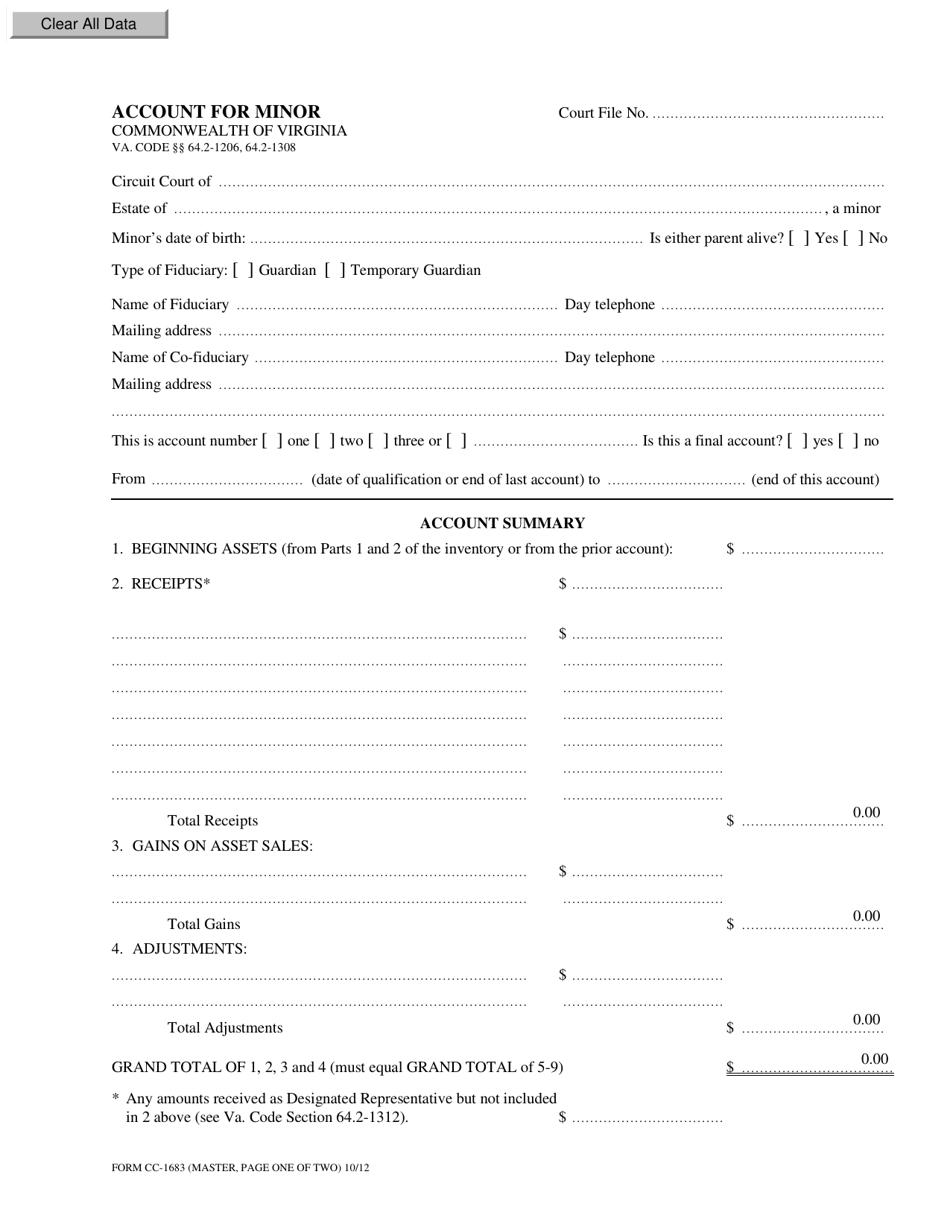 Form CC-1683 Account for Minor - Virginia, Page 1