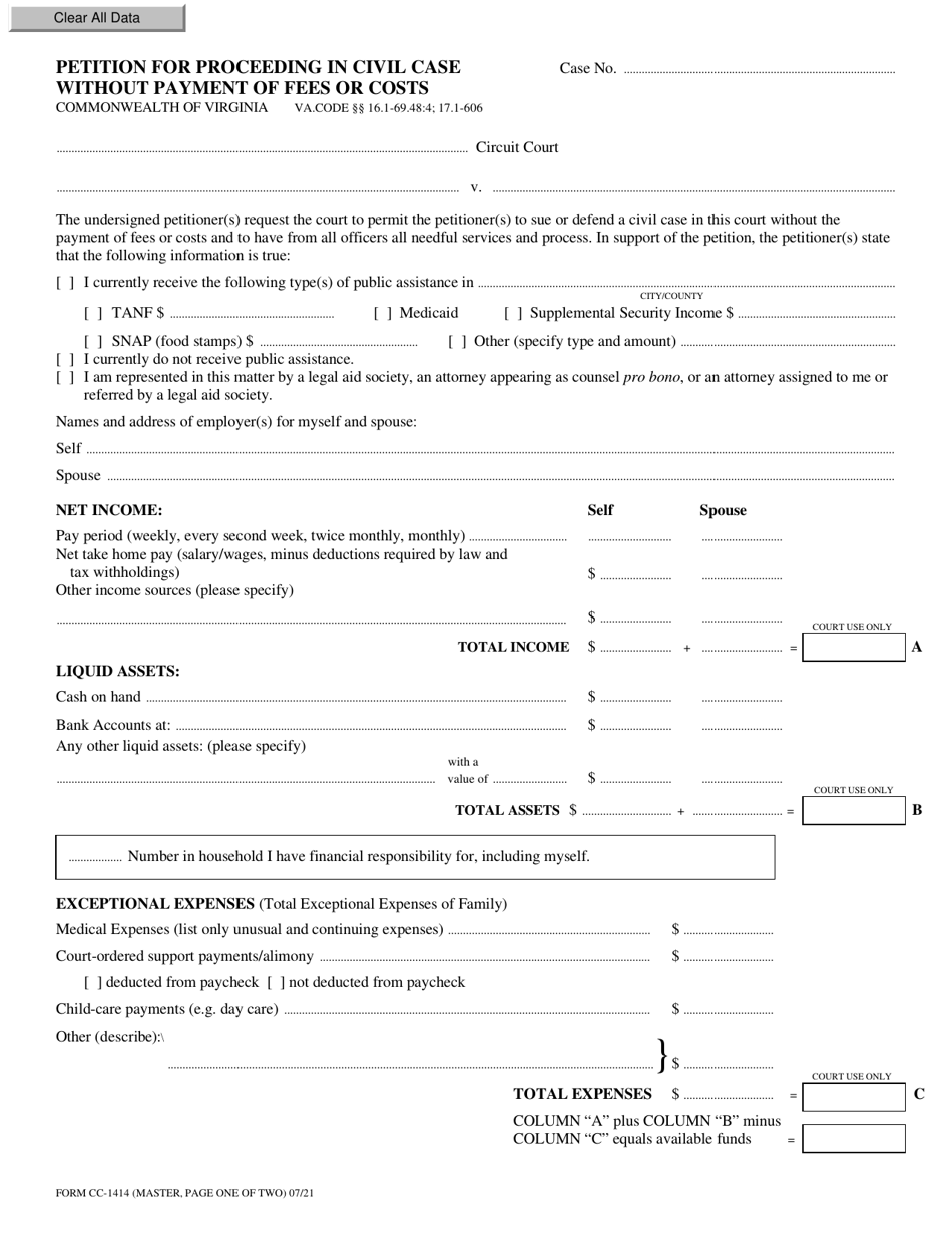 Form CC-1414 Petition for Proceeding in Civil Case Without Payment of Fees or Costs - Virginia, Page 1