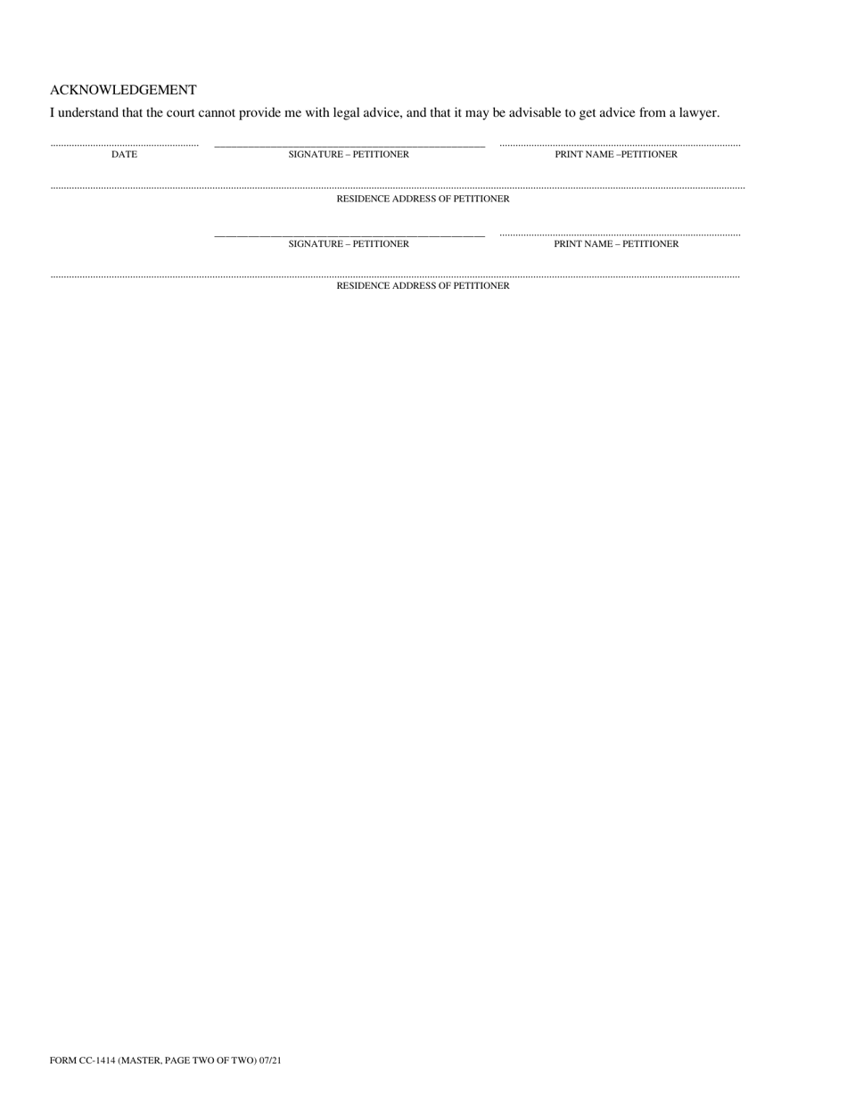 Form CC-1414 Petition for Proceeding in Civil Case Without Payment of Fees or Costs - Virginia, Page 2