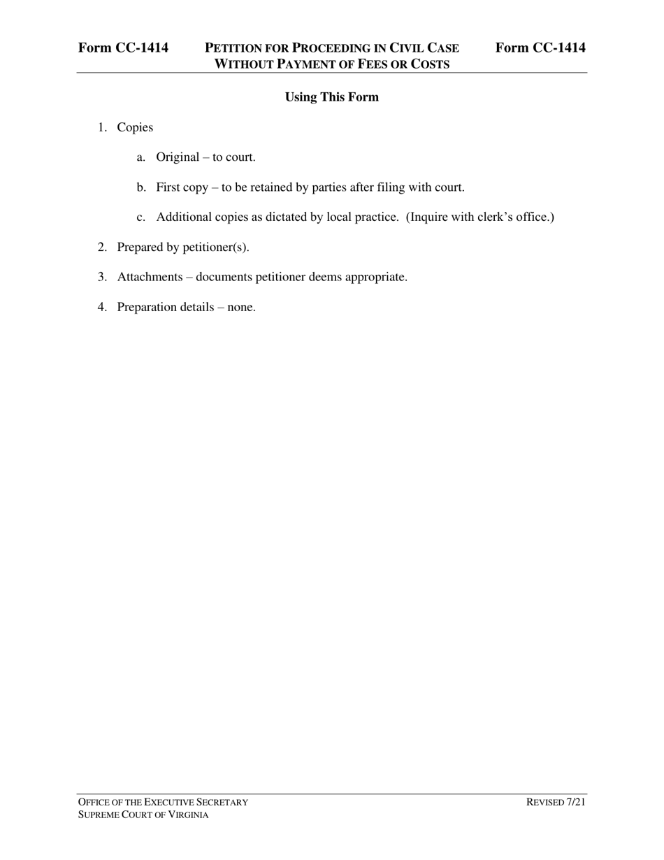 Instructions for Form CC-1414 Petition for Proceeding in Civil Case Without Payment of Fees or Costs - Virginia, Page 1