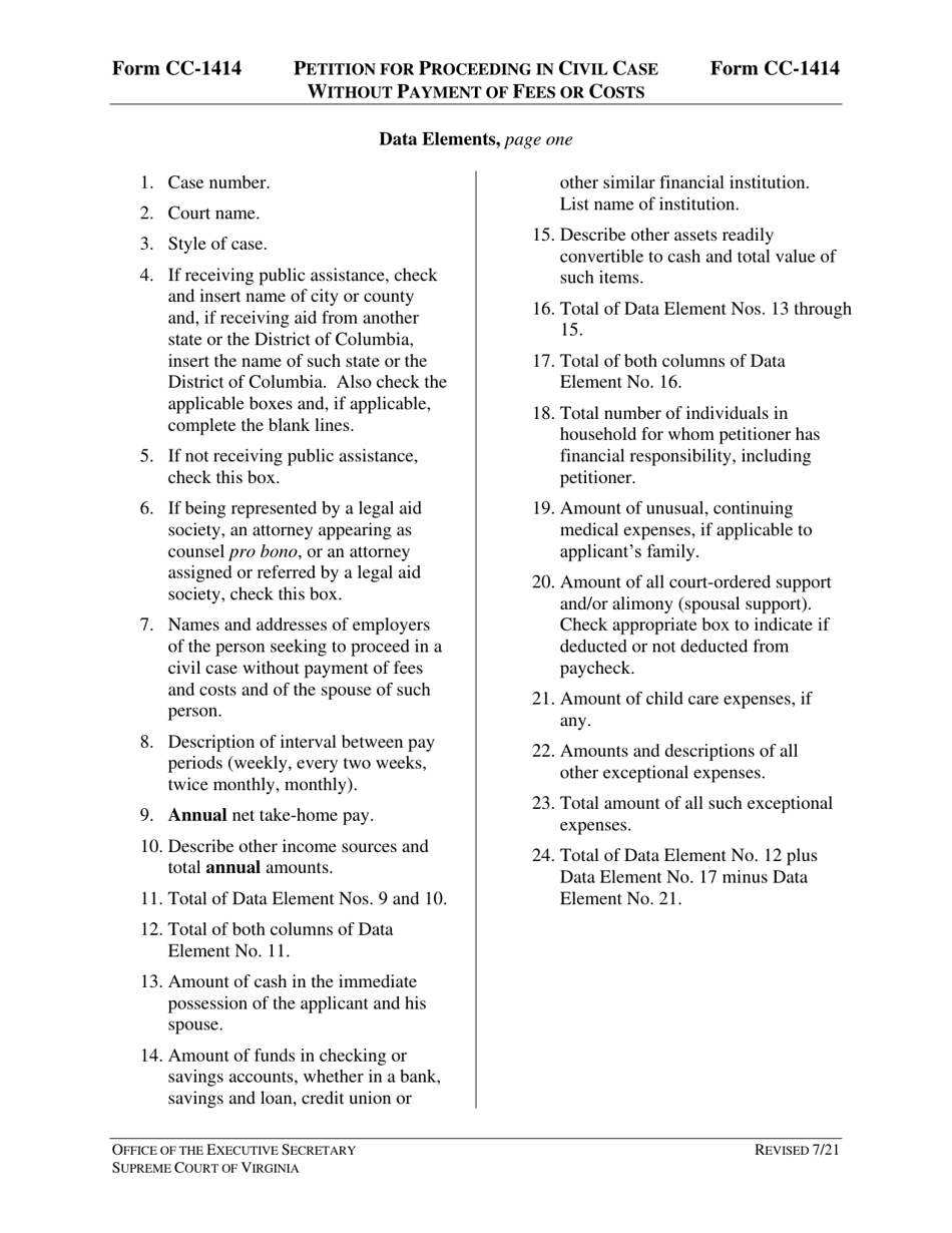 Instructions for Form CC-1414 Petition for Proceeding in Civil Case Without Payment of Fees or Costs - Virginia, Page 2