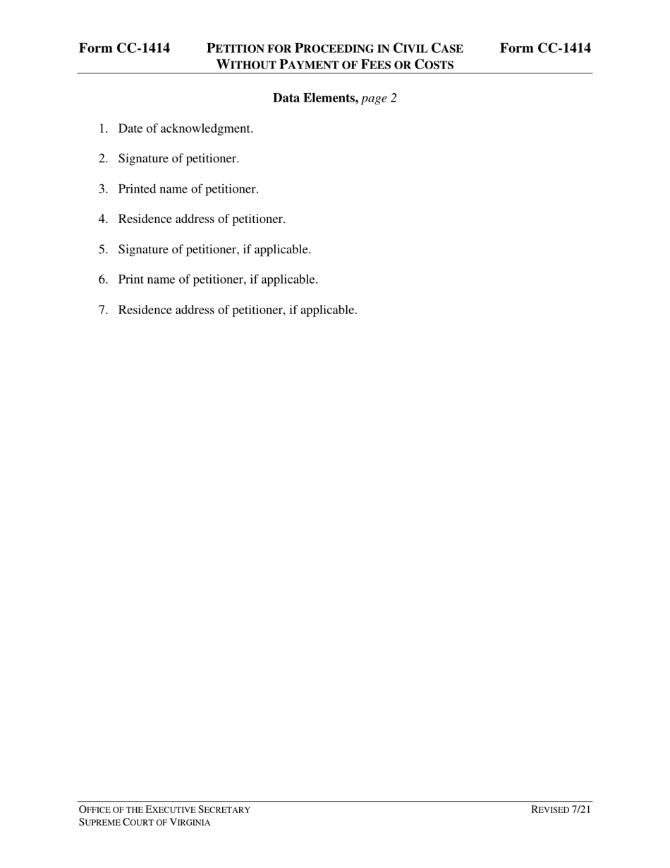 Instructions for Form CC-1414 Petition for Proceeding in Civil Case Without Payment of Fees or Costs - Virginia, Page 3