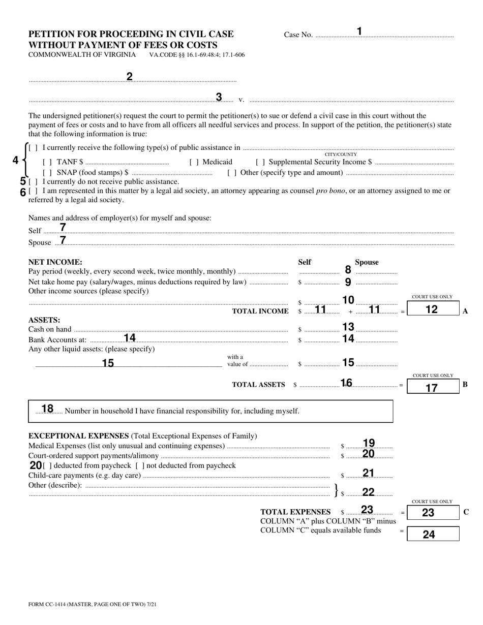 Instructions for Form CC-1414 Petition for Proceeding in Civil Case Without Payment of Fees or Costs - Virginia, Page 4