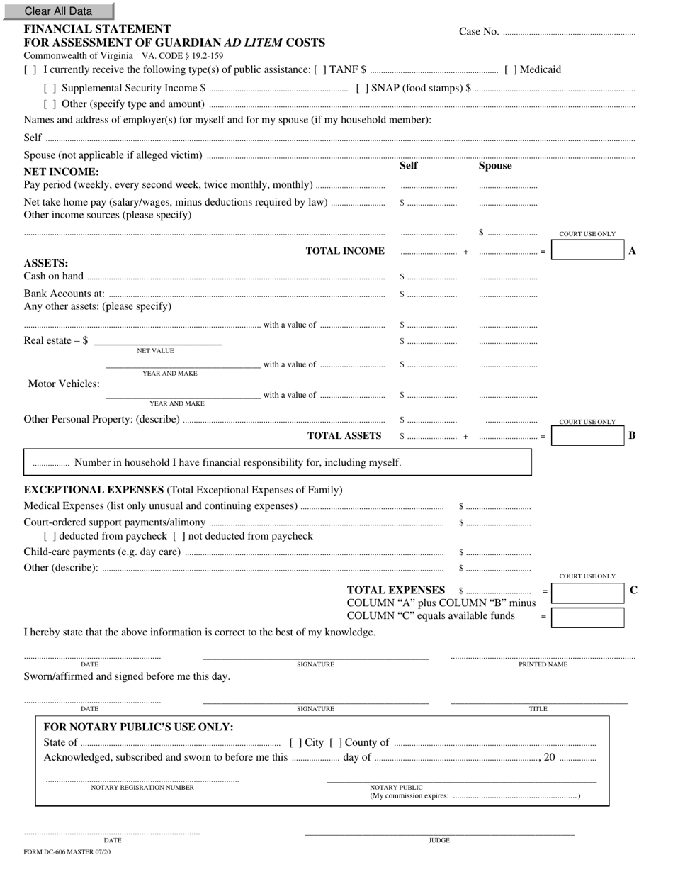 Form DC-606 Financial Statement for Assessment of Guardian Ad Litem Costs - Virginia, Page 1