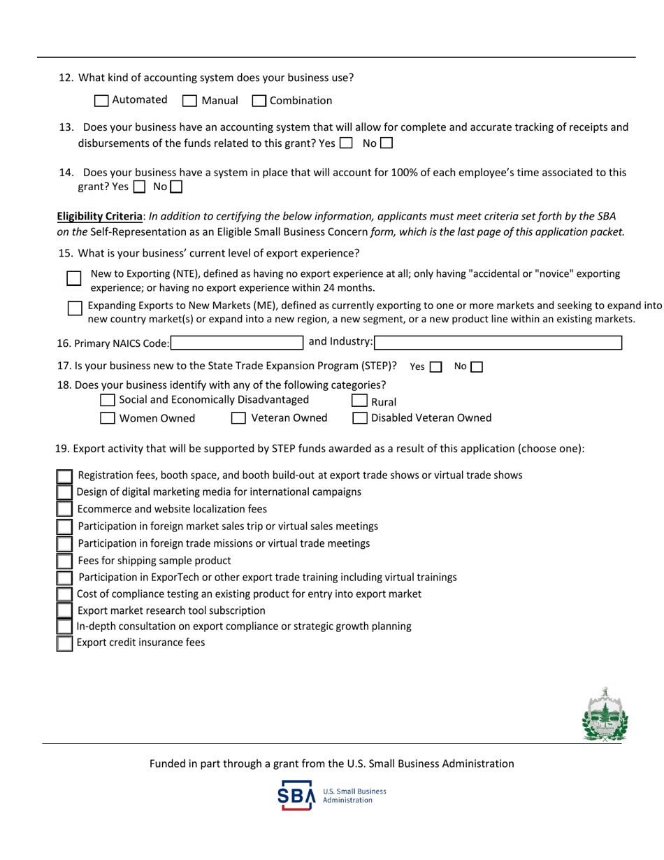 Part A Reimbursement Grant Application - Vermont State Trade Expansion Program (Step) - Vermont, Page 2