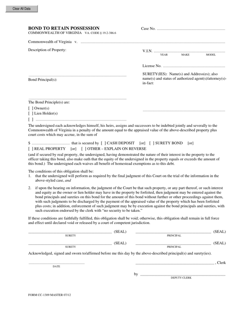 Form CC-1309 Bond to Retain Possession - Virginia