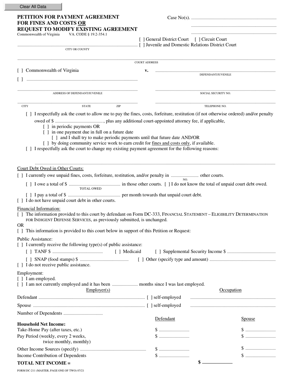 Form DC-211 Petition for Payment Agreement for Fines and Costs or Request to Modify Existing Agreement - Virginia, Page 1
