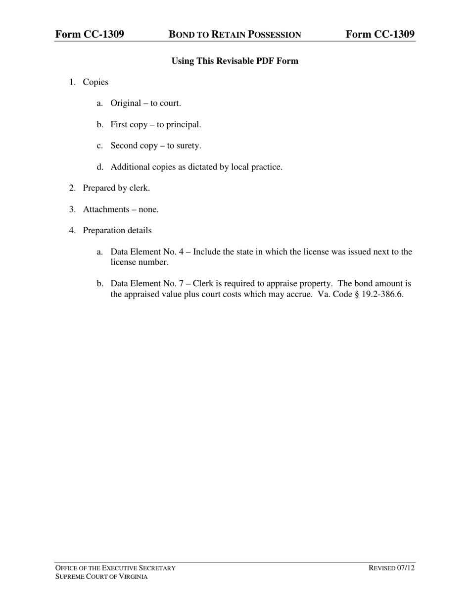 Instructions for Form CC-1309 Bond to Retain Possession - Virginia, Page 1