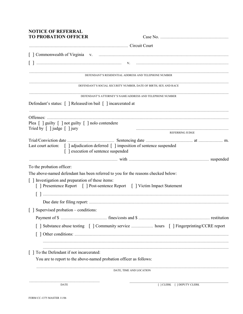 Form CC-1375 Notice of Referral to Probation Officer - Virginia, Page 1
