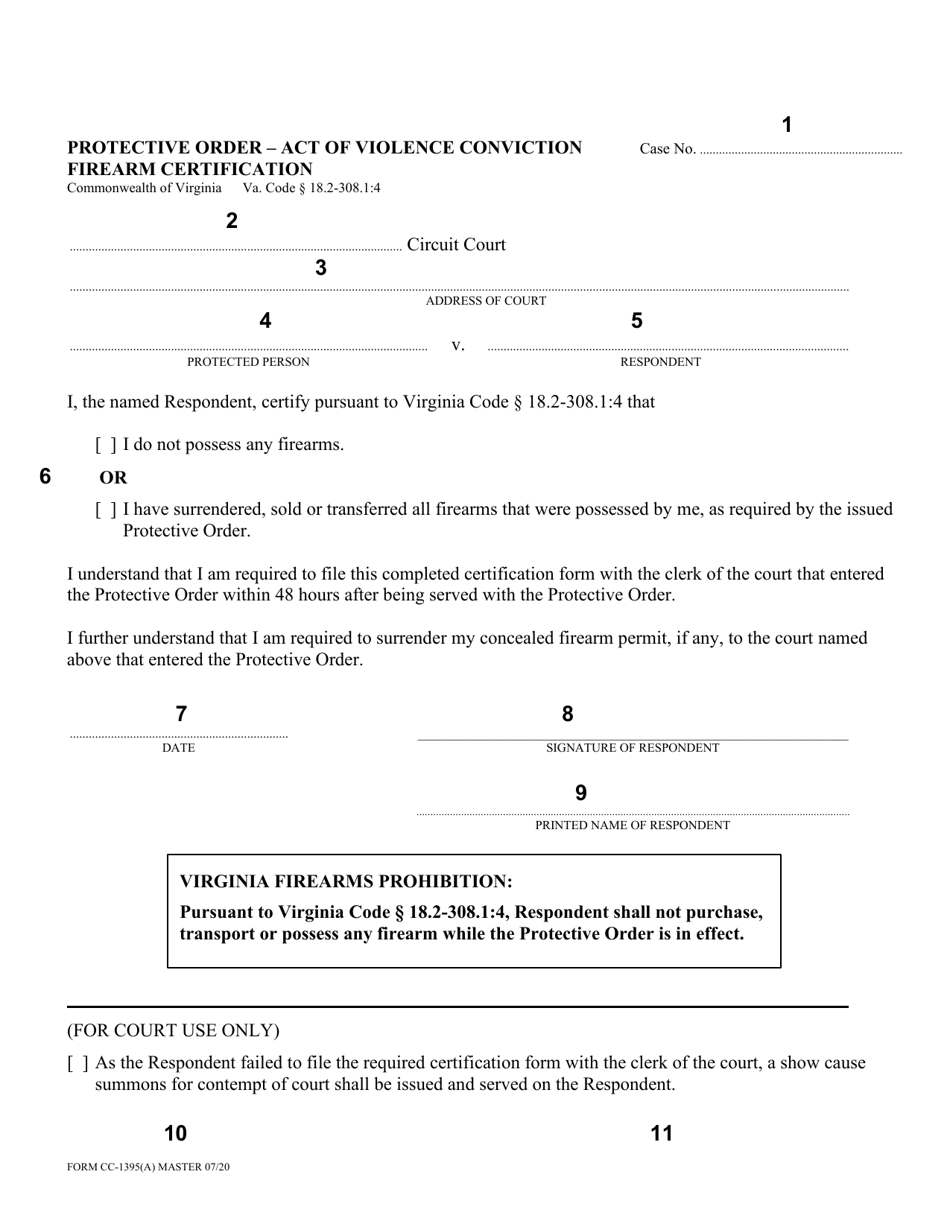 Instructions for Form CC-1395(A) Protective Order - Act of Violence Conviction Firearm Certification - Virginia, Page 1
